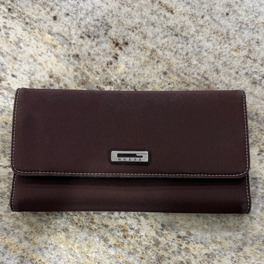 GUESS Dark Brown Foldover Wallet with Silver Plate